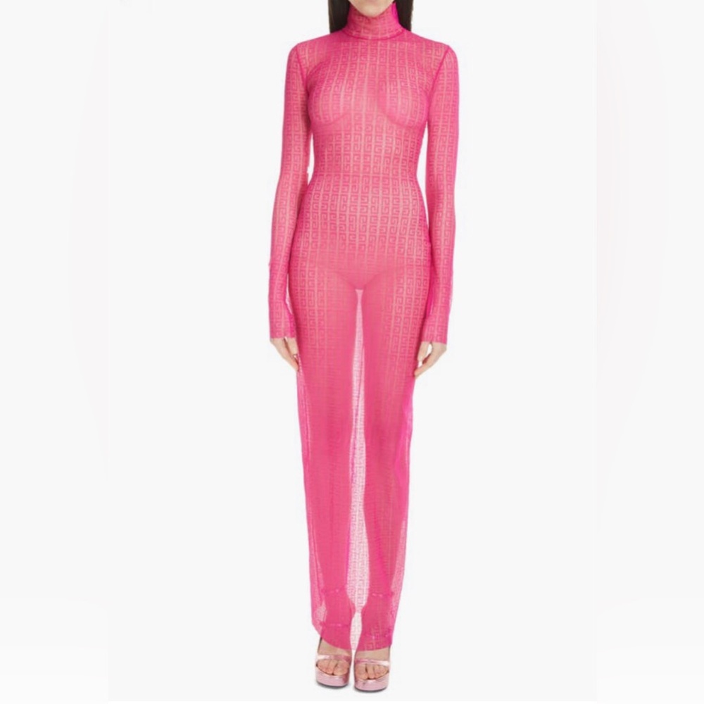 NWT $2,400 Givenchy 4G Long Sleeve Stretch Tulle Dress 12 US / 44 FR, FUCHSIA!